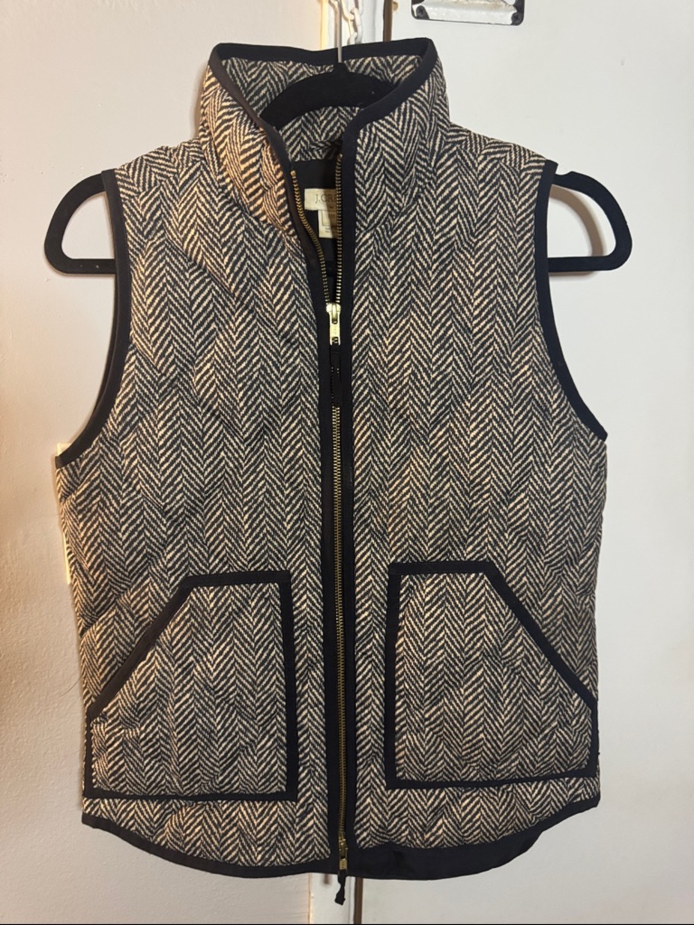 Herringbone Quilted Zip Front Vest in Black & Cream J Crew